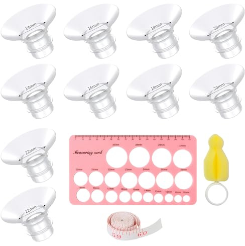 Lot de 10 coussinets de rechange en silicone pour bride de tire-lait en 5 tailles + brosse de nettoyage et règle, pièces de pompe douces, sans BPA pour un meilleur ajustement et confort (14/16/18/20