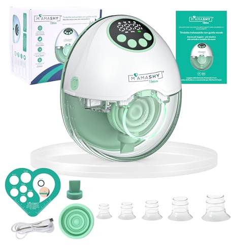 MAMASHY Unica – Tiralatte Elettrico Portatile e Silenzioso con 6 Taglie, Guida Vocale IT, 4 Modalità, 12 Intensità, 5 Adattatori Silicone, Funzione Memoria, Accessori Inclusi