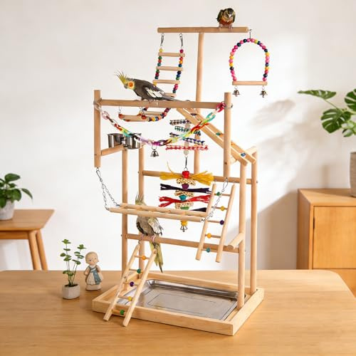 TOOSOAR Parco Giochi per Pappagalli in Legno,con Tazze di Alimentazione in Acciaio Inox, Catena in Plastica Colorata per Animali Domestici, per Pappagalli e Altri Uccelli,94.5 * 48 * 33.5cm