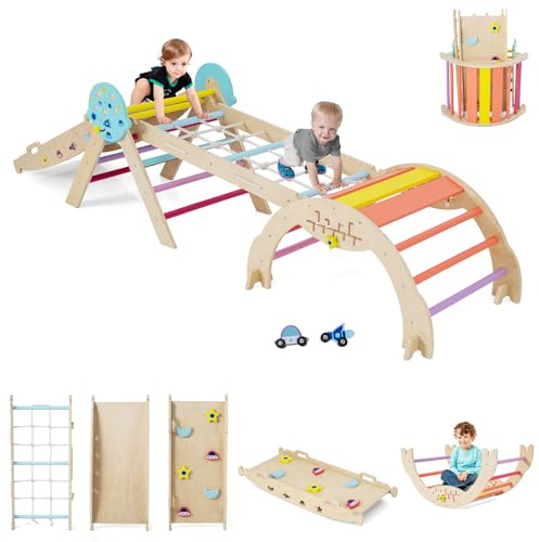 GOPLUS 9 en 1 Triangle Escalade Montesorri pour Enfants 1 Ans+, Parcours Montesorri Bebe Bois Pliable avec Arche, Rampe, Corde&Échelle, Pont, Aire de Jeux Intérieur (Astre|9 en 1,Multicolore)