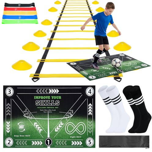 Kit Entrenamiento Futbol,Speed ​​Agility Training Kit Escalera de Coordinación 12m Alfombrilla 90x60cm 5 Bandas de Resistencia 10 Conos 2 Pares de Calcetines Largos Equipo de Entrenamiento de Fútbol