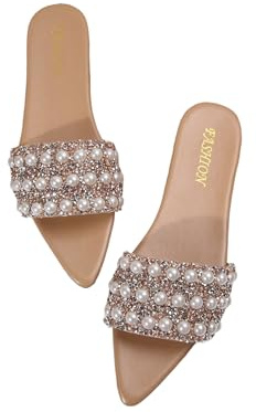 GORGLITTER Women's Dressy Dress Flat Sandals Summer Vacation Pearl Pointed Open Toe Slide Sandals Wedding Guest Shoes Apricot 9