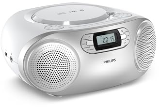 Philips TAZ2000 CD Soundmachine portatile CD con Radio FM, Bluetooth 6.0, Riproduzione USB, Ingresso audio, Boost bassi dinamici, Altoparlanti stereo 6W, CA/Batteria, Maniglia – Argento