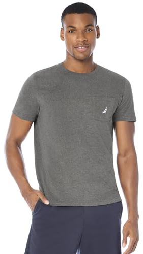 Nautica Men's Solid Crew Neck Short-Sleeve Pocket T-Shirt, Charcoal Heather (Light), Medium