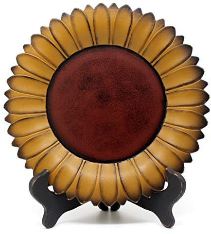 CVHOMEDECO. Sunflower Plate with Rack Primitives Rustic Display Wooden Plate Home and Office Décor Art, 11 Inch (Mustard Plate with Rack)