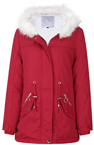 YYNUDA Women Winter Parka Coat Fur Collar Hooded Jacket Warm Windproof Padded Outwear Red L
