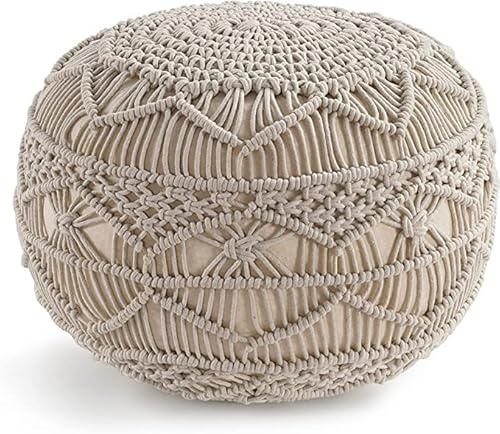 NOORI Rug Home - 100% Handmade & Handcrafted Premium Cotton Round Knitted Macrami Style Pouf - for The Living Room, Bedroom and Kids Room - Small Furniture - Taupe, 20X20x14 (S121)