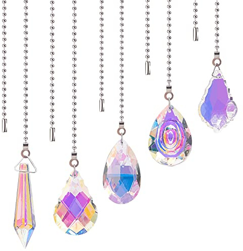 BENECREAT 5Pcs Glass Crystal Ceiling Fan Pull Chain Extenders, Colorful Hanging Suncatcher Floor Lamp Extension with 304 Stainless Steel Ball Chain for Table Lamp Light Decoration