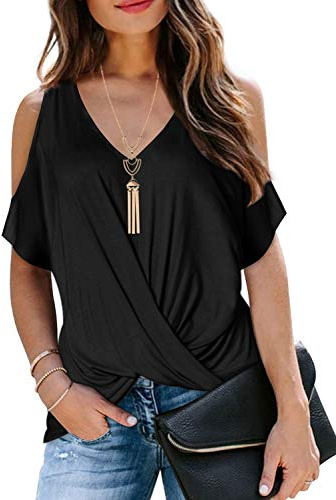 Tee Shirt Femme Noir Coton Chic et Elegant Tunique Oversize Col V Épaules Dénudées 2026 Tshirt Femmes Shirts Haut Club S