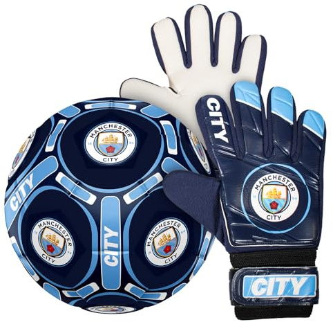 Manchester City F.C. Manchester City FC Official Size 4 Football & Boys Goalkeeper Gloves Gift Set, Sky Blue, Boys: 5-10yrs