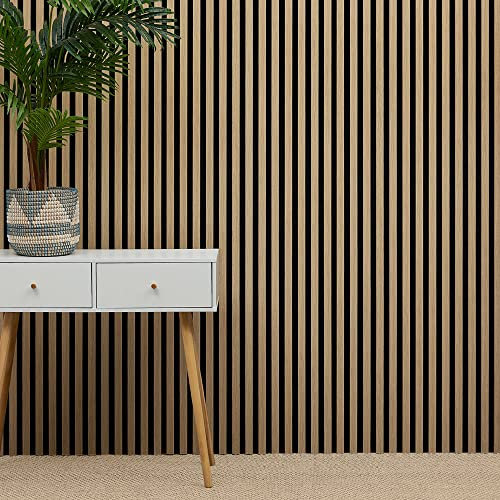 MCW Acoustic Slat Wall Panel Decorative & Sound Absorbing Wooden Slatted 3D Feature Pannelling Home Living Room Bedroom Interior Easy Installation Proofing Oak Natural 2400mm x 600mm