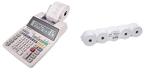 Sharp Druckender Tischrechner EL-1750V Weiß & Genie Additionsrollen Ersatz-Papierrollen geeignet für Kassen und druckende Tischrechner 40 lfm 100 Prozent Holzfrei 57 x 12 mm, weiß, 5 Stück