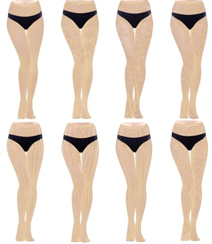 HOVEOX 8 Pairs Lace Tights - Fishnet, Floral Stockings, Lace Patterned Tights, Small Hole Pattern Leggings, Net Pantyhose (Nude)