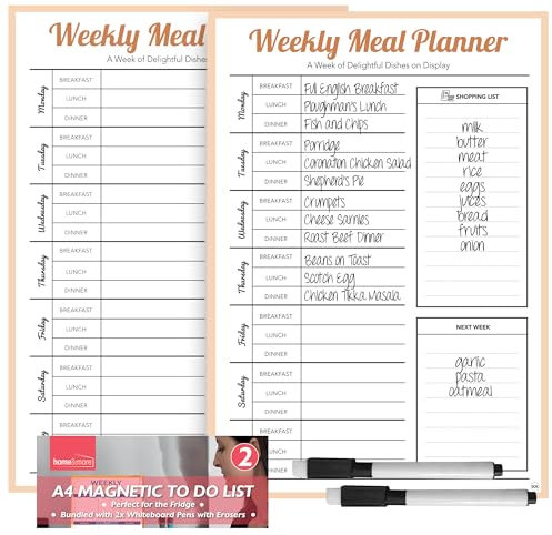 SOL 2pk A4 Magnetic Weekly Planner with 2 Pens, Magnetic Weekly Planner for Fridge Reusable Dry-Erase Board, Easy to Clean, Ideal for Meal Planning, To-do Lists & Family Schedules, Clear Weekly Layout