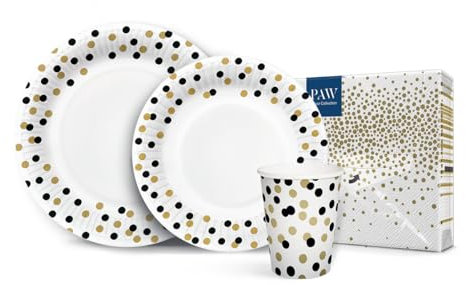 PAW - Set Compleanno I 16 Persone, 68 Elementi I Set di Stoviglie per Feste - 20 x Tovaglioli di Carta, 32 x Piatti di Carta, 16 x Bicchieri di Carta I Set di Stoviglie Monouso I Coriandoli Oro-nero