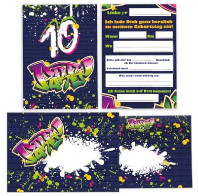 12 Einladungskarten inkl. 12 Umschläge zum 10. Kindergeburtstag Einladung Set Geburtstag Mädchen Kinder Jungs Jungen Boys Teenies Graffiti Jugendstill modern bunt grün lila neon