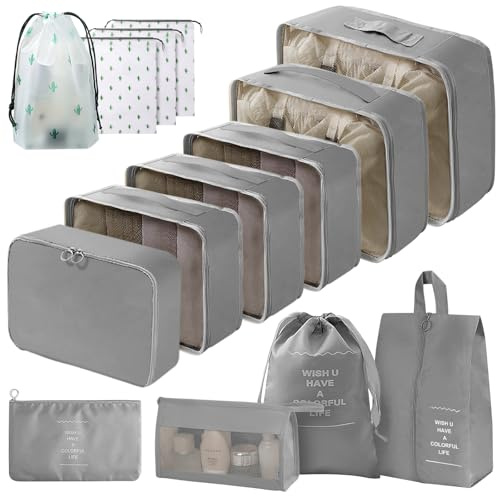 Gemtte Set di organizer per valigie, 14 pezzi, impermeabili, multifunzionali, da viaggio, organizer per valigie, organizer da viaggio, con tasche per abiti (grigio)