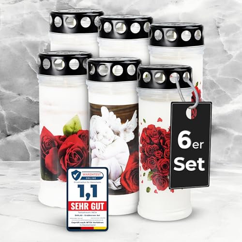 Lot de 6 bougies funéraires EMILAS - 7 jours de combustion - Bougies de condoléances pour une décoration funéraire élégante - Décoration funéraire avec 4 motifs - Bougies funéraires avec couvercle -