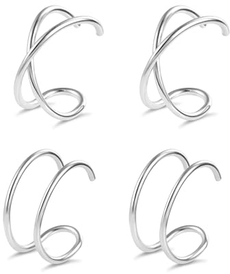 ALEXCRAFT 4 Piezas Pendientes Ear Cuff Finos Plata para Mujer Set, Pendientes Oreja Sin Agujero Pequeño para Cartílago, Ajustable Pendientes de Clip Acero Inoxidable, Hipoalergénicos