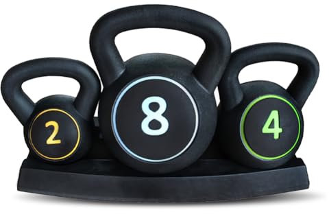 SPORTINATOR Power Kettlebell 3er-Set | 2 kg, 4 kg, 8 kg | Robuste Kunststoff-Kettlebells mit Betonfüllung & Ablage | Ergonomische Griffe für sicheres Ganzkörpertraining (2 kg 4 kg 8 kg)