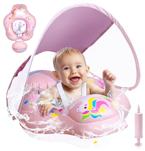 BNEHHOV Salvagente Neonato con Parasole, Piscina Neonato 6-36 Mesi Salvagente con Mutandina Rimovibile Caratteristiche Antiribaltamento Baby Pool Float UPF50+ Protezione UV
