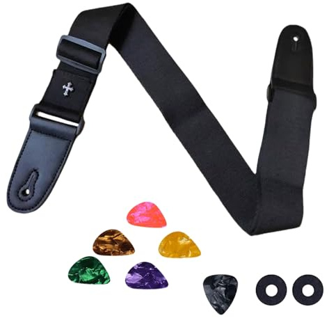 Vroxdrez Sangle Guitare Réglable Coton Tissé Extrémités Cuir PU | Accessoire Compatible Guitare Acoustique Électrique Basse | Style Sobre et Résistant Couleur Noire