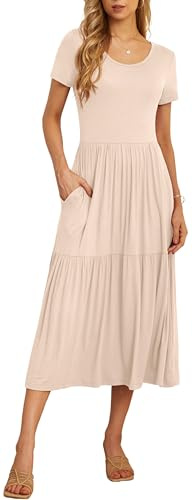 GRECERELLE Maxi Dresses for Women UK Summer Short Sleeve Crew Neck Swing Flowy Tiered Party Dress with Pockets for Wedding, Holiday (Khaki, XL)