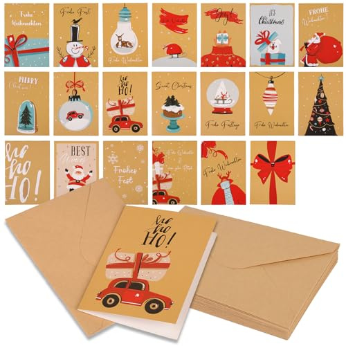 Juego de 20 tarjetas de Navidad, pequeñas tarjetas de Navidad con sobre, 14,5 x 10,5 cm, tarjetas plegables de Navidad, tarjetas de Navidad con bonito patrón, tarjetas de felicitación en blanco para