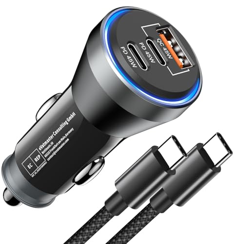 USB C Car Charger Adapter 90W, 3 Ports PD&QC3.0 USB Car Charger Fast Charge Car Phone Charger Cigarette Lighter USB Charger with Nylon USB C Cable for iPhone 17 16 15 Pro Max, Samsung S25,S24,S23,S22