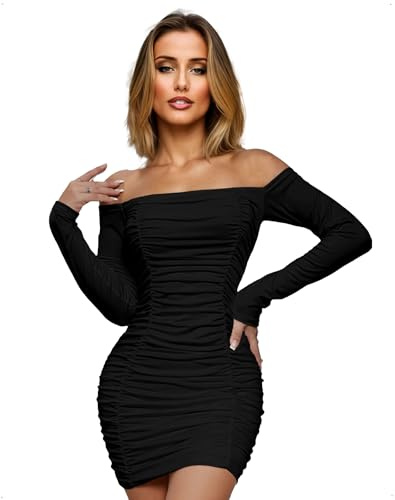 EMOTTOS Mini-Robe Sexy à Volants pour Femme, Robe Moulante à Manches Longues et épaules Dénudées, Robe de Cocktail Crayon Doublée Double épaisseur, Noir, M