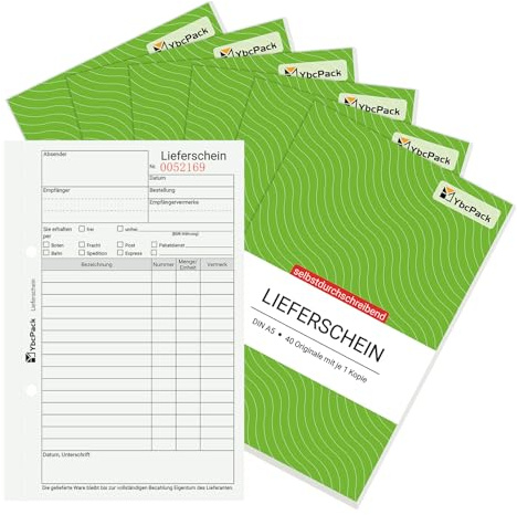 YBCPACK Juego de 6 libros de albaranes DIN A5 – autocopiable, 2 × 40 hojas por bloc, bloc de albaranes con papel de color para oficina, envío