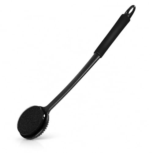 Mulbijeo Cepillo Espalda Ducha, Silicona, Cepillo Exfoliante Corporal, Mango Largo 43 cm, Silicone Scrubber, Masaje Relajante, Cepillo Corporal, Fácil de Limpiar y Colgar(Negro)