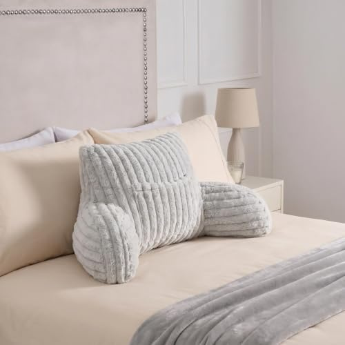 OHS Cuddle Cushion, Ribbed Faux Fur Reading Pillow Heatable Pocket, Silver | Stylish Back Support Cushion with Arms Soft Cosy Gaming Cushion Relaxing Comfy Working from Home Sit Up in Bed Pillow