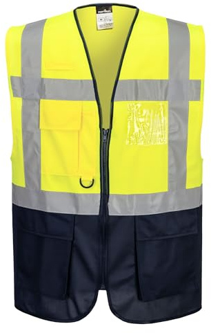 Portwest C476 Warszawa Verkställande Väst Reflekterande Tejp Hög Synlighet | Gul/Svart, 2XL, EN ISO 20471 Klass 1, Unisex, 7 Fickor, Normal Passform, Polyester, Öppning med Dragkedja, Lättvikt, Skaltyg