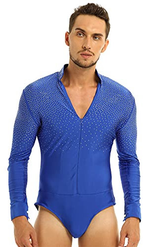 Freebily Herren Bodysuit Langarm Glitzer V-Ausschnitt Hemd Body Overall Tanz Turnanzug Latein Tango Rumba Ballsaal Performance Trikot Tops Royal Blau L