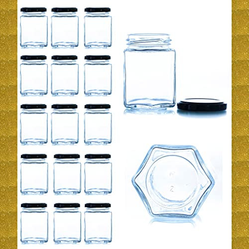 Esencia Andalusí Tarros de Cristal para Conservas con Tapa de Rosca 250 ml tarro almacenamiento, Bote hermético, Tarro cristal hexagonal, frasco (15 unidades)