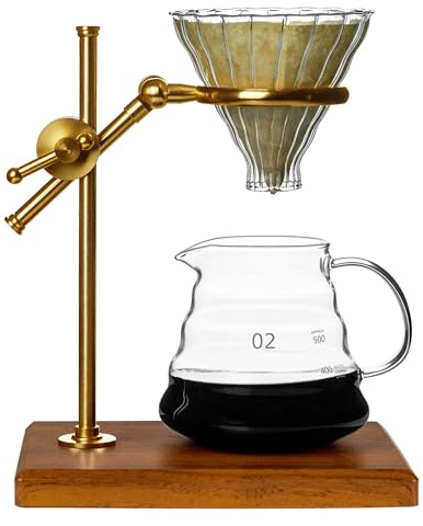 L'ÉPICÉA Juego de cafetera de vertido, cafetera con soporte, soporte ajustable de acero inoxidable, base de madera, filtros de papel, jarra de café de vidrio cónico, gotero de café