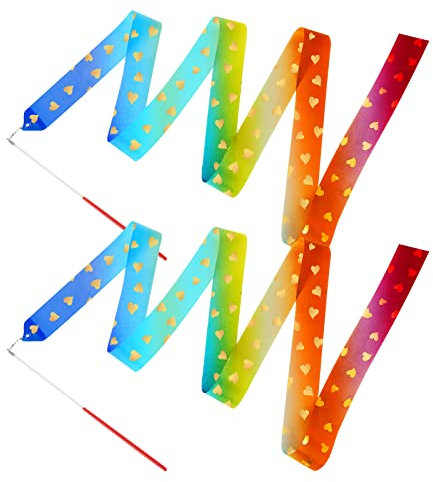 Abeillo Tanzband, 2 Stück 2m Tanzband mit Stab Kinder, Funkelnder Herzform Tanzbänder, Gymnastikband mit Stab für Künstlerische/Tanzt/Gymnastik/Training