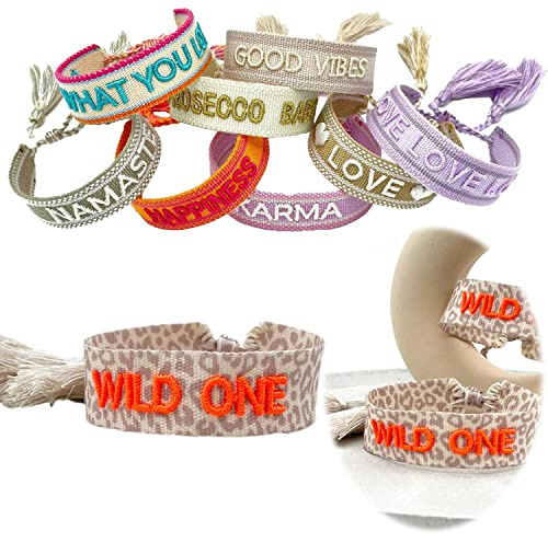 LS-LebenStil Exklusives Statement Armband - das Original - Leo Wild One Orange 16-20cm Quasten besticktes Boho Canvas Webarmband Damen Freundschaftsarmband Geschenk gewebt textil Stoffarmband