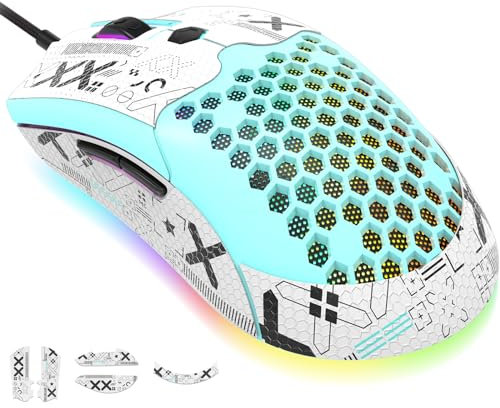 KUIYN 383 PRO M5 Mouse da gioco cablato ultraleggero, scocca leggera a nido d'ape, Pixart PAW3325, 6 DPI regolabili 12000, 26 mouse retroilluminati con respirazione RGB, 65 g, mouse ottico USB modello