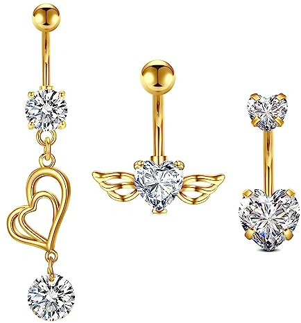 AVYRING Kirurgiskt stål och guld navelpiercing - klassiska varianter, hjärta och fjäril, allergivänlig för kvinnor, Rostfritt stål