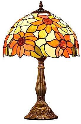 Tiffany Table Lamp, Sunflower Patterned Night Lamp Victorian Glass 1-Flame Dark Brown Table Lighting with Bowl Shade