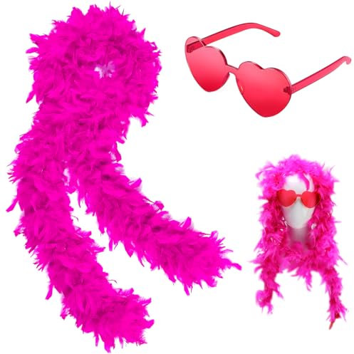 Ownkim Federboa Einfarbig Set, Partybrille und Federboa Set - Kostümzubehör für Karneval, Halloween, Hochzeit und Geburtstag - 1x Herzförmige Sonnenbrille und 1x 2m Federboa in Rosenrot
