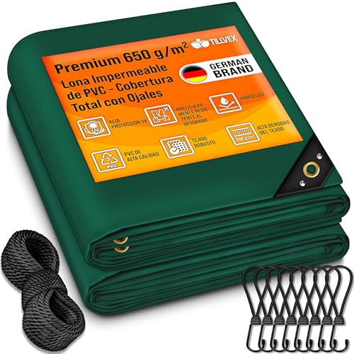 tillvex® Abdeckplane mit Ösen + 10x Spanngummi & 15m Seil | Gewebeplane 650g/m² Wasserdicht & Reißfest | Premium PVC-Plane Universell LKW, Pool, Holz Gartenmöbel | Gartenplane Abdeckung (Grün, 3x4 m)