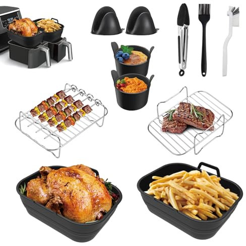 Accessoires Air Fryer Ninja, Moule Silicone Air Fryer Réutilisable pour Ninja Foodi Max Af300EU Af400EU, Pliable Air Fryer Accessoires pour Friteuse à Air Double 7,6L-9,5L (11Pcs)