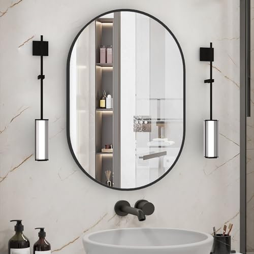 NEUWEABY Ovale Miroir de Salle de Bain, 50x75cm Miroir Mural Ovale, Noir Miroirs Ovales pour Meubles Lavabos, Capsule Miroir Mural, Moderne Aluminium Miroir