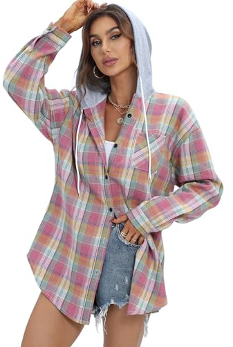 Jhsnjnr Camicia da donna oversize, in flanella, con cappuccio, con scollo a V, a maniche lunghe, a quadretti, Colore: rosa., L