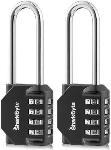 SharkByte Lucchetto lungo [6,6 cm Grillo] Lucchetto a combinazione resistente a 4 quadranti, resistente alle intemperie per palestra, scuola, armadietto, capannone all'aperto, garage, recinzione, Hasp