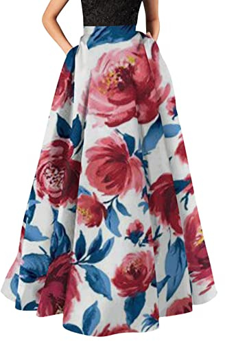 Vestidos Bautizo Mujer Floral Bohemio para Mujer Falda Larga de Cintura Alta con Bolsillo para Fiesta y Playa Vestido Rojo Retro