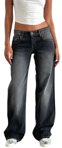YILEEGOO Pantalon en jean pour femmes, jambe large, stretch, denim, pantalon droit Y2k, taille basse, cheville, coupe décontractée, jean baggy, XS